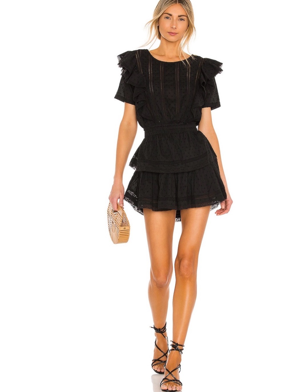LoveShackFancy Black Ruffle Eyelet Tiered Mini Dress